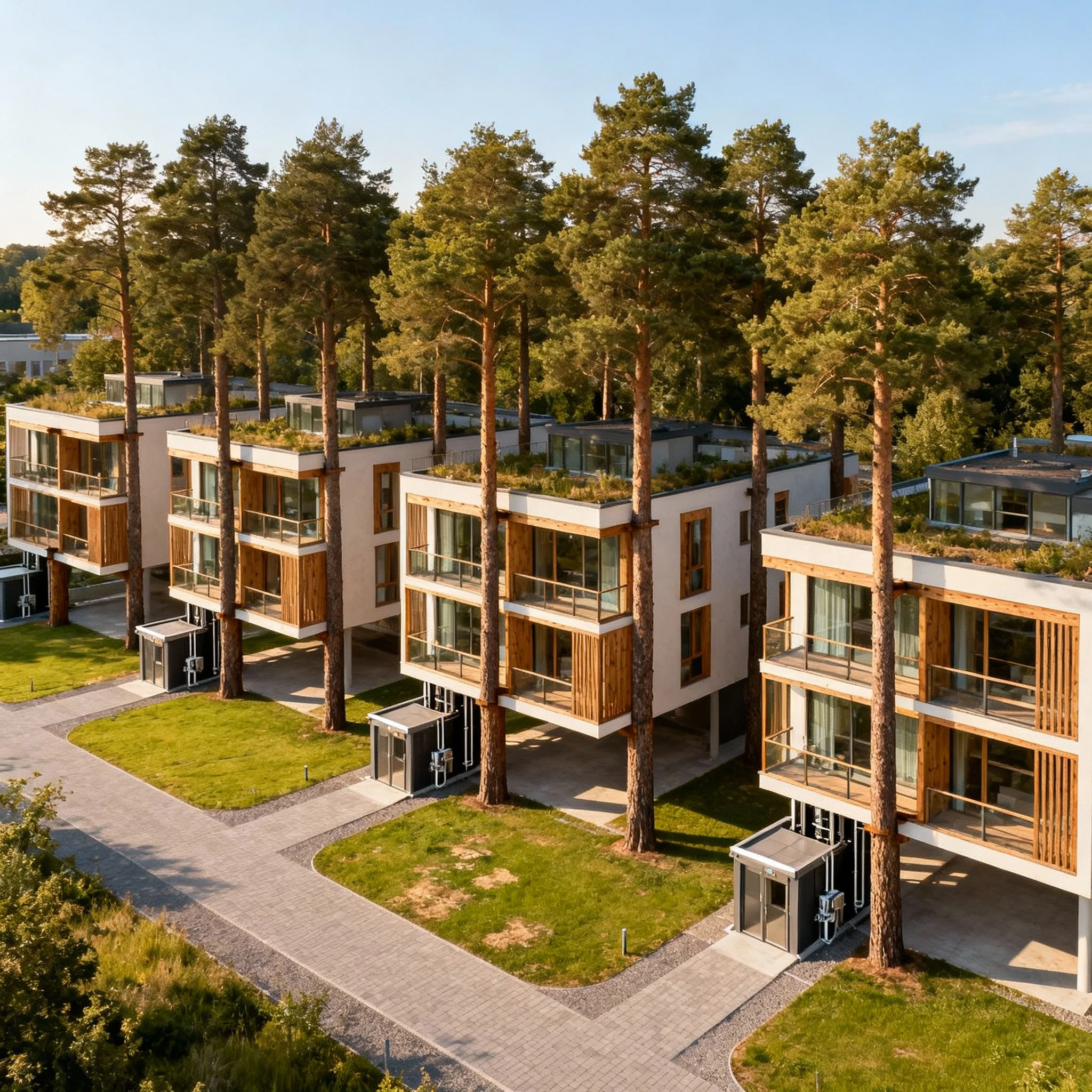 Aerial view of modular housing arranged among mature pine trees