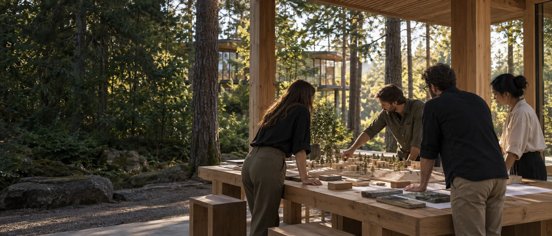 Four potential research partners gathered around a physical site model in a timber pavilion