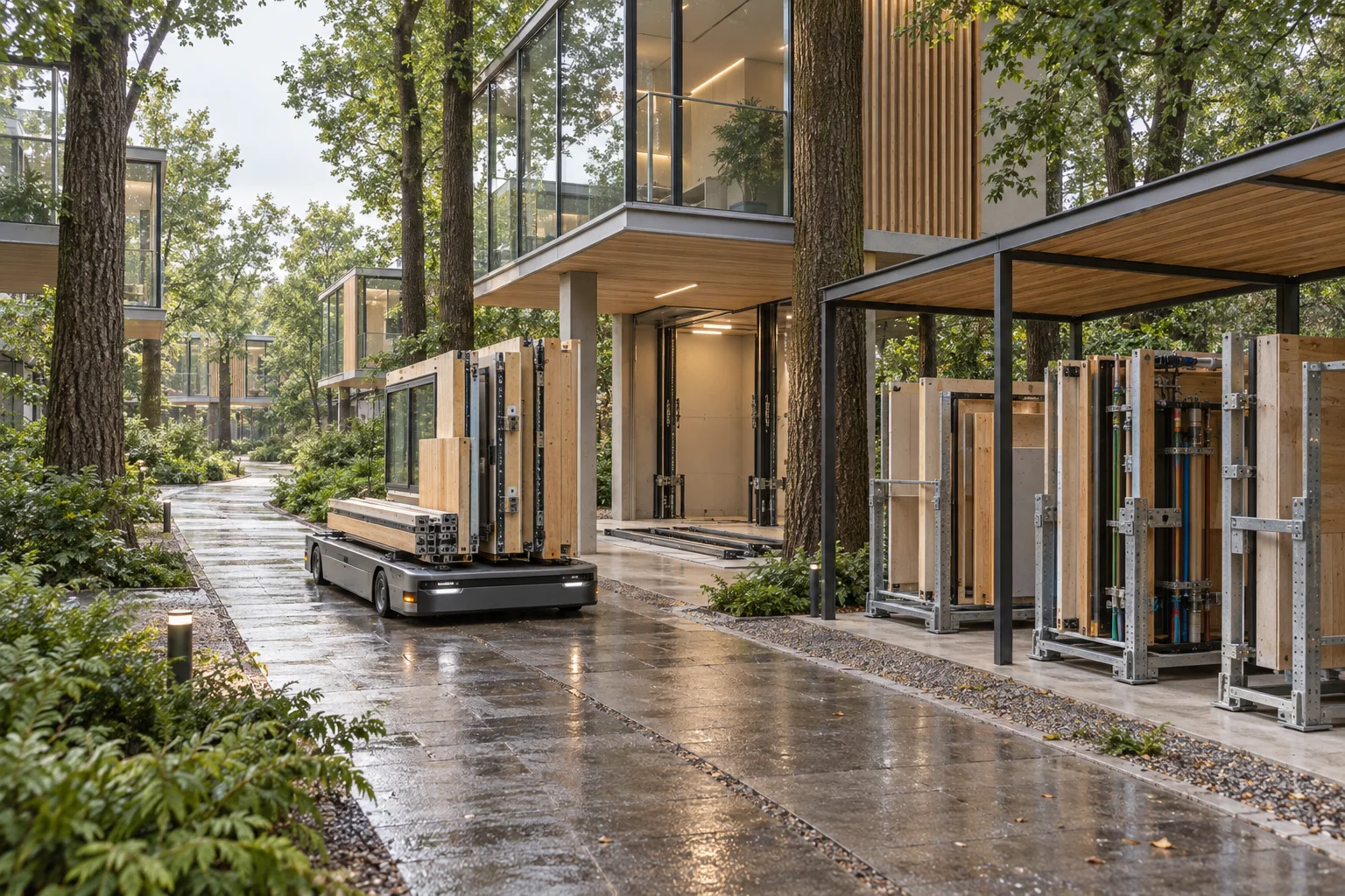 Standardized timber building cassettes on an unmanned transport platform and reusable racks beside a tree-integrated building