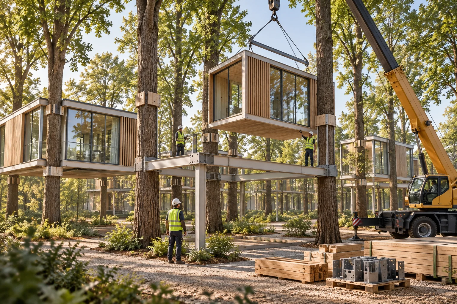 A prefabricated timber-and-glass dwelling module being lifted into a frame among mature trees