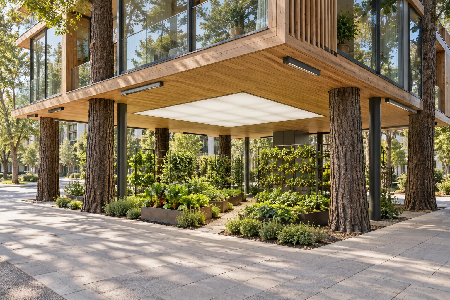 A well-kept food garden contained beneath an elevated tree-integrated building, with a central daylight diffuser and public sidewalk outside