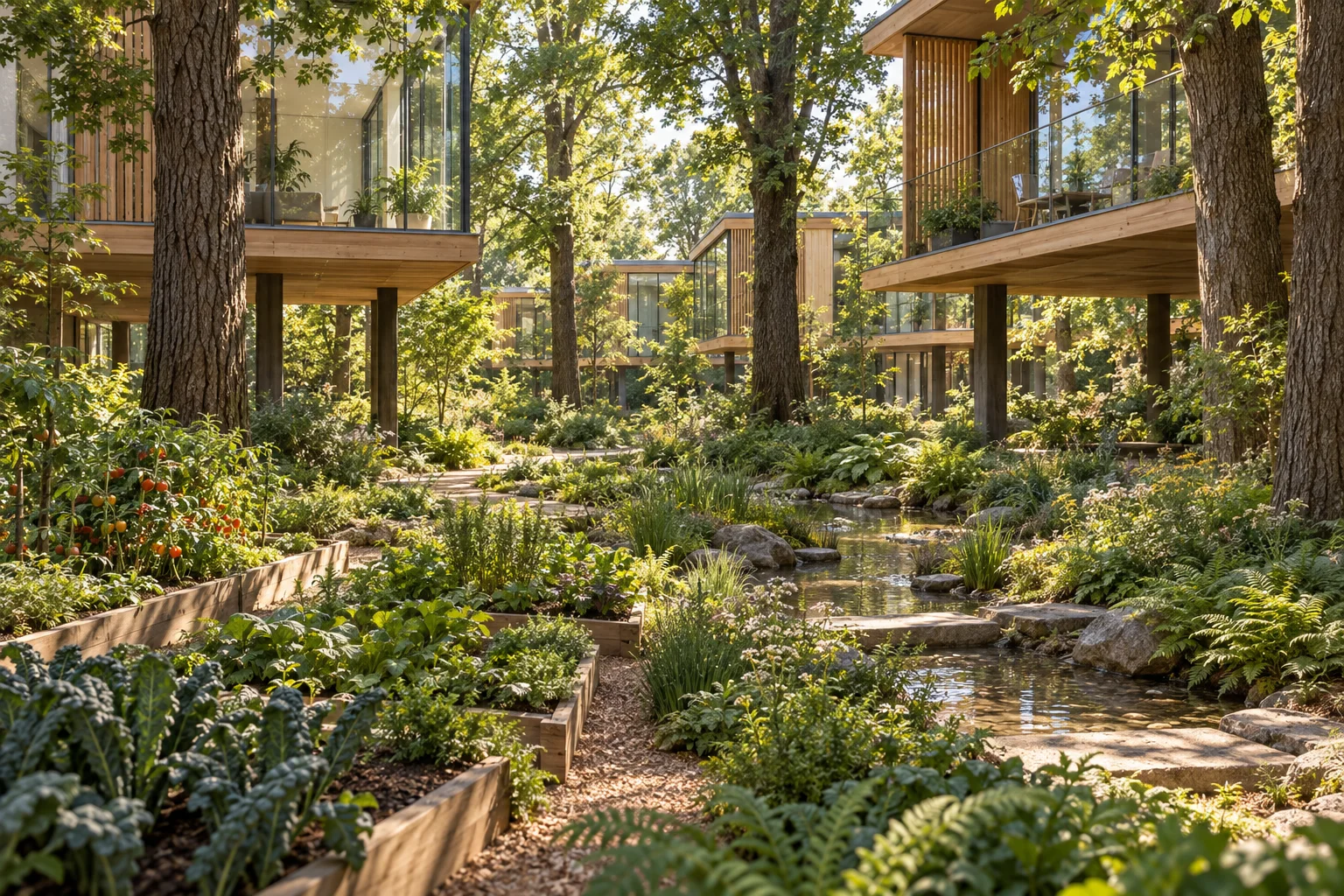 Food-growing beds, native planting and a water rill beneath elevated tree-integrated dwellings
