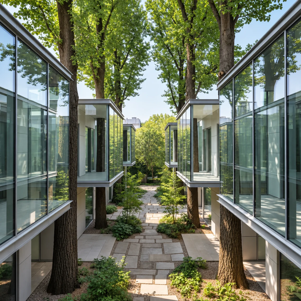 Glass-walled modular dwellings arranged around mature trees and a planted pedestrian path